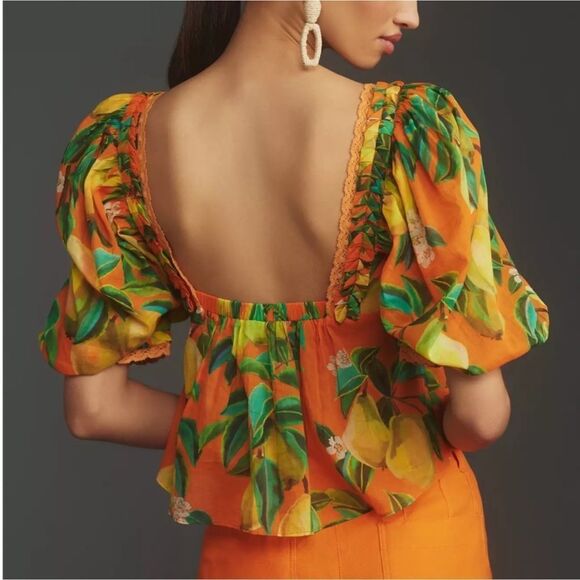 NWT Farm Rio Orange Chic Pears Short Sleeve Blouse Size Medium $148 - Picture 3 of 12